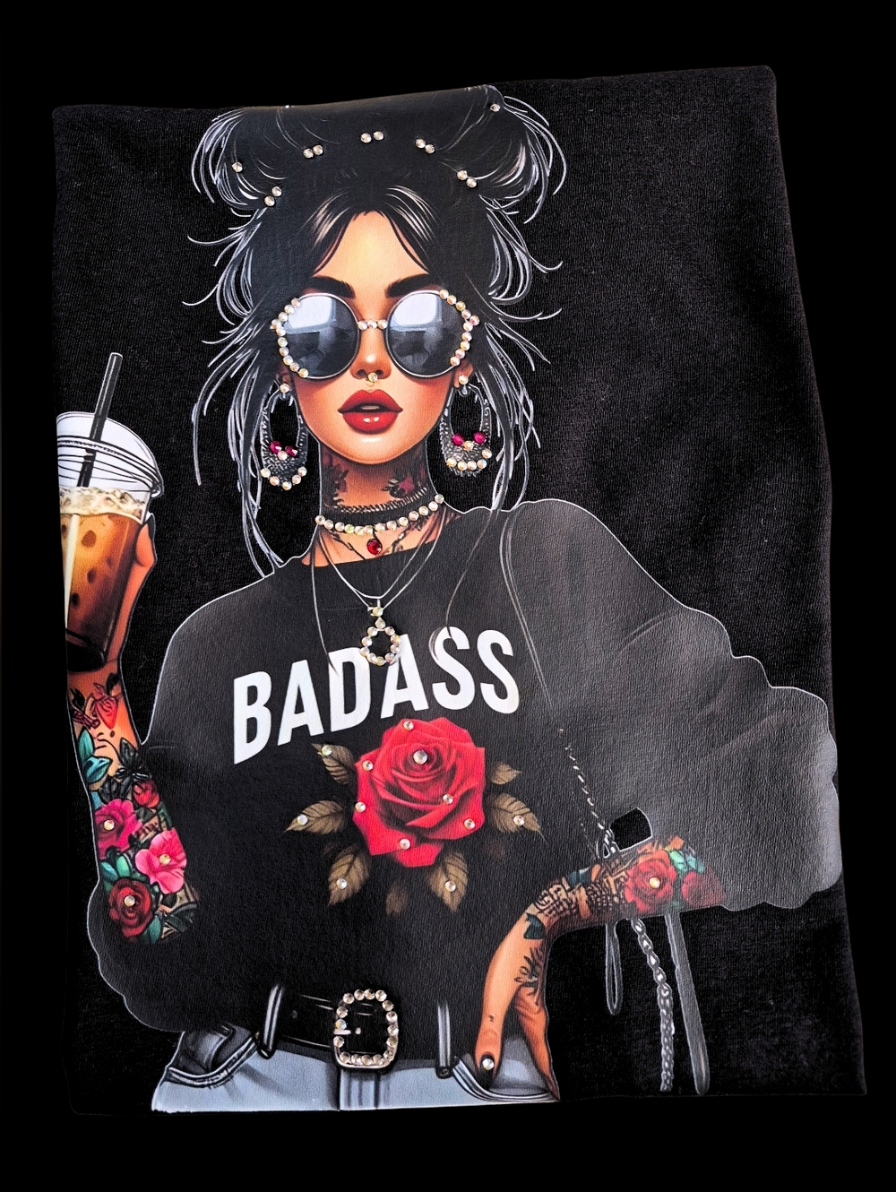 BADASS ROSE 💎 Hand-Crystalled Premium Tee | AD Golden Girl Boutique